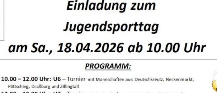 Einladung zum Jugendsporttag am Sa, 18.04.2026 ab 10:00 Uhr. Das Programm umfasst U6- und U7-Turniere, gefolgt von U10- und U11-Meisterschaftsspielen. Spezial-Bar mit Aperol und Hugo. Spieler und Zuschauer erhalten kostenlose Getränke und Snacks.