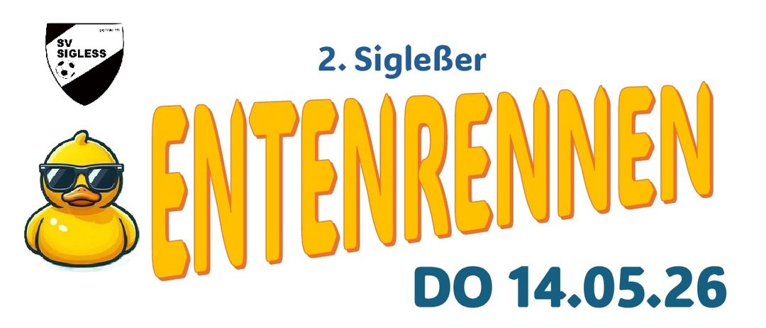 Entenrennen am 14. Mai 2026, Beginn 14 Uhr. Hauptpreis 500 Euro. Enten kosten 3 Euro. Vor Ort bei Heimspielen verkauft.