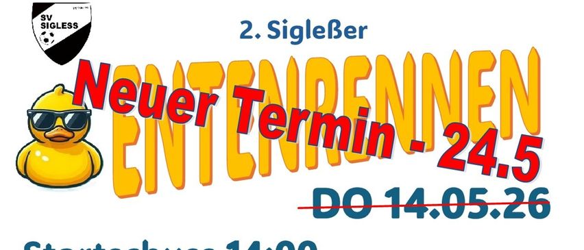 Werbung für eine enten-thematische Veranstaltung. Enten mit Sonnenbrillen schwimmen in einem Fluss. Der Hauptpreis ist 500 €. Beginn am 24. Mai um 14:00 Uhr.