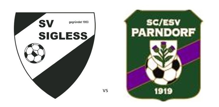 SV Sigless spielt gegen SC Parndorf am Freitag, 22. Mai, um 17:30 und 19:30. Die Logos beider Teams sind mit ihren Gründungsjahren angezeigt.