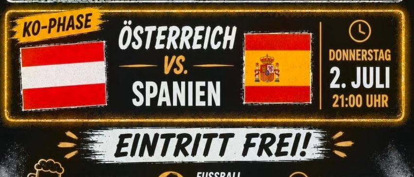 Anzeigeposter für das Viewing-Event Brasilien gegen Japan und Österreich gegen Spanien. Brasilien gegen Japan ist am 29. Juni um 19:00 Uhr. Österreich gegen Spanien ist am 2. Juli um 21:00 Uhr.