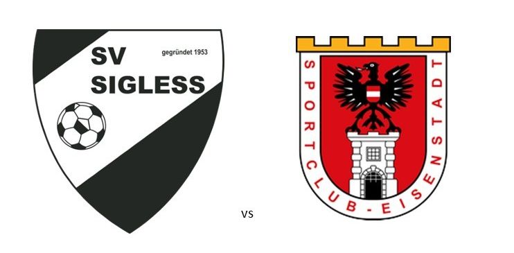 Plakat für ein Fußballspiel zwischen SV Sigless und SC Eisenstadt am Freitag, 4. September um 17:30 und 19:30. Das SV Sigless-Logo zeigt einen Fußball, während das SC Eisenstadt-Logo eine Burg und einen Adler enthält.