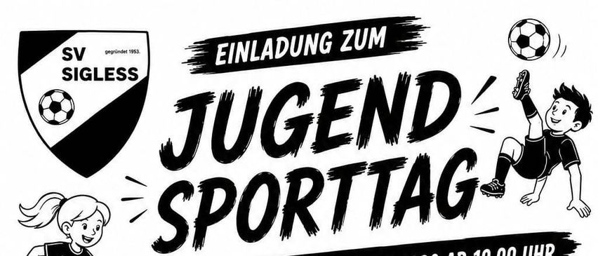 Plakat für einen Sporttag am 12. September 2026 mit Fußballspielen und einer speziellen Bar mit Getränken.