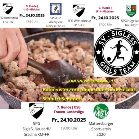 Poster mit Essen, Daten und Namen von Fußballmannschaften. Zentrales Bild einer Spielerin, die einen Ball tritt. Spielplan für Frauenfußballspiele.