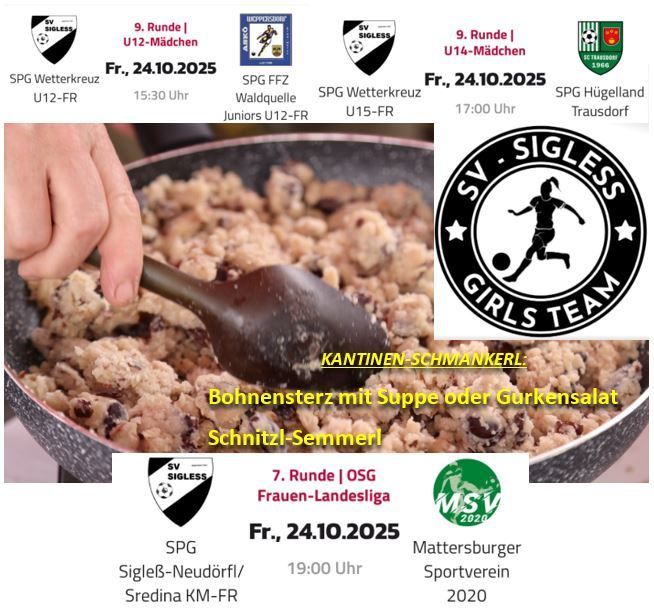 Poster mit Essen, Daten und Namen von Fußballmannschaften. Zentrales Bild einer Spielerin, die einen Ball tritt. Spielplan für Frauenfußballspiele.