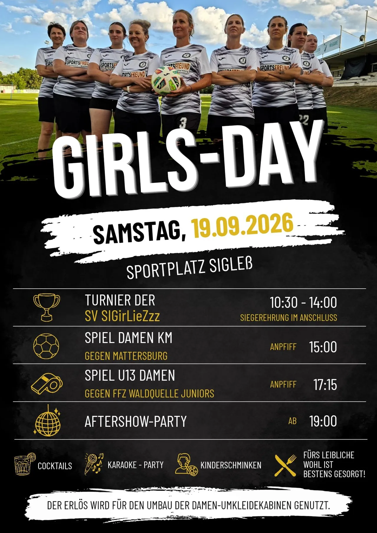 Plakat für Girls-Day-Event am 19.09.2026 im Sportplatz Sigleß. Beinhaltet Fußballspiele, einen Pokal und eine Aftershow-Party.