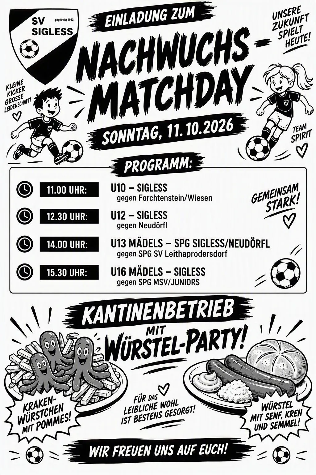 Plakat für einen Fußball-Matchtag mit verschiedenen Fußballmannschaften, einschließlich U10, U12, U13 und U16. Das Plakat enthält einen Zeitplan der Spiele, einen Kantinenbetrieb und eine Wurstparty.