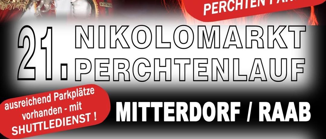 Plakat für die 21. Nikolamarkt und Perchtrunlauf Veranstaltung in Mitterdorf/Raab am 29. November 2025. Zeigt den Weihnachtsmann, einen Dämon und Feuerwerk. Beinhaltet Shuttle-Service und ausreichend Parkplätze.