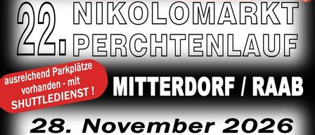 Plakat für den 22. St. Nikolaus-Markt Perchtenlauf. Zeigt St. Nikolaus, Perchten, Feuerwerk und Party. Datum ist der 28. November 2026.