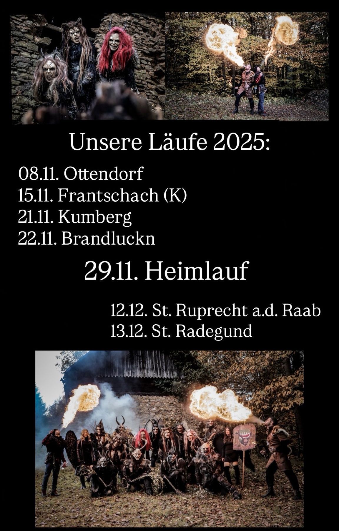 Plakat mit Terminen für Veranstaltungen im Jahr 2025, zeigt eine Gruppe von Menschen bei einem Ritual mit Feuer.