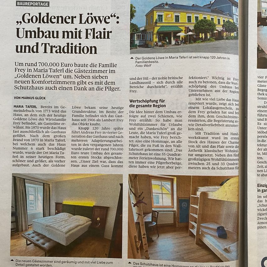Die Familie Frey investierte rund 700.000 Euro in den Bau von Gästezimmern in Maria Taferl, 'Goldener Löwe'. Sieben neue Gästezimmer wurden neben dem bestehenden Gästehaus errichtet, finanziert durch die Familie Frey und die Pilgerkirche. Das Haus, ursprünglich aus dem Jahr 1773, wurde restauriert und erweitert, wodurch es zu einem bedeutenden Bestandteil der Maria Taferl Region wurde.
