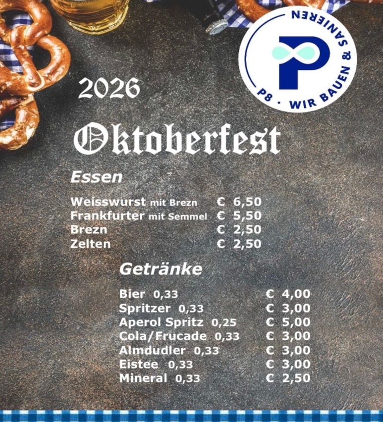 Oktoberfest 2026 Menü mit Brezen, Bier und verschiedenen Getränken mit Preisen.