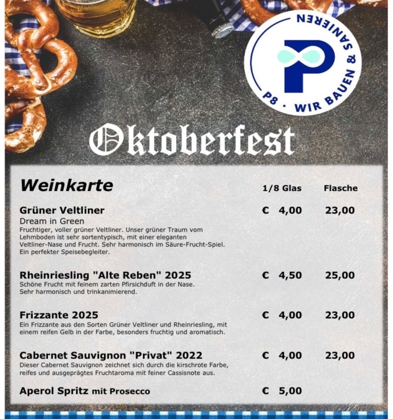 Plakat für das Oktoberfest-Weinfest mit einer Auswahl an Weinen, darunter Grüner Veltliner, Rheinriesling, Frizzante, Cabernet Sauvignon und Aperol Spritz. Jeder Wein wird mit seinen Eigenschaften und Preisen beschrieben.