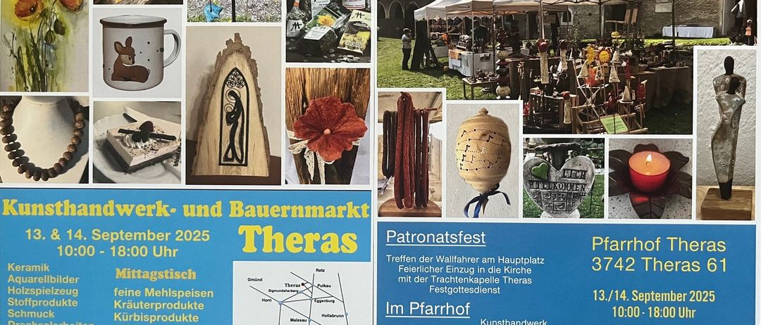 Eine Collage von Bildern mit verschiedenen Handwerks- und Marktartikeln. Es enthält ein Holzherz, Tassen und andere handgefertigte Produkte. Es gibt eine Karte von Theras, eine Erwähnung von 'Kunsthandwerk- und Bauernmarkt Theras' und Informationen über eine Veranstaltung am 18. September 2025.