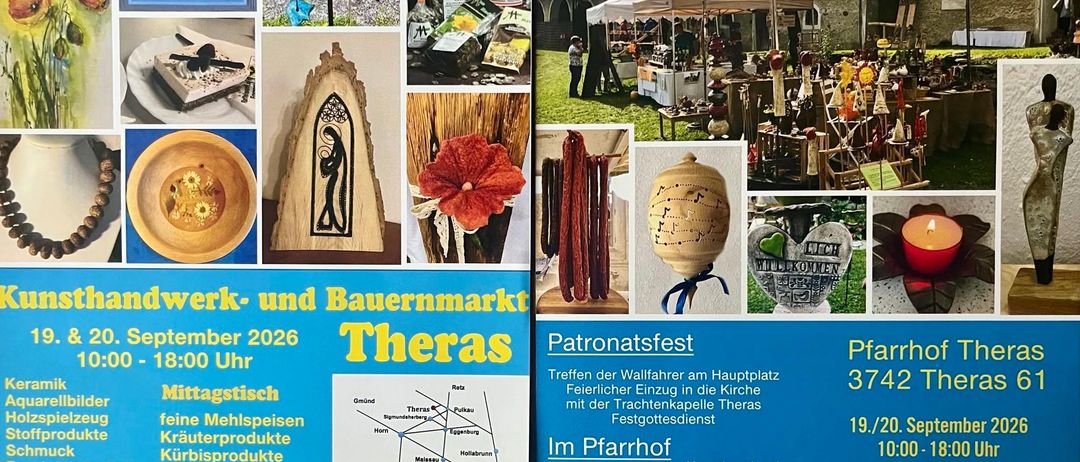 Eine Collage von Bildern mit verschiedenen handgefertigten Artikeln, einer Marktszene und einem Festival mit Zelten und Menschen. Oben links zeigt ein Geburtstagskarte, oben rechts Flaschen und Gläser, und unten links eine Schüssel. Unten rechts zeigt eine Blume und eine Laterne.