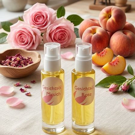 Zwei Flaschen Gesichtsöl, eine mit Rose und die andere mit Pfirsich beschriftet, stehen auf einem Tisch. Dahinter befinden sich Rosen und Pfirsiche.