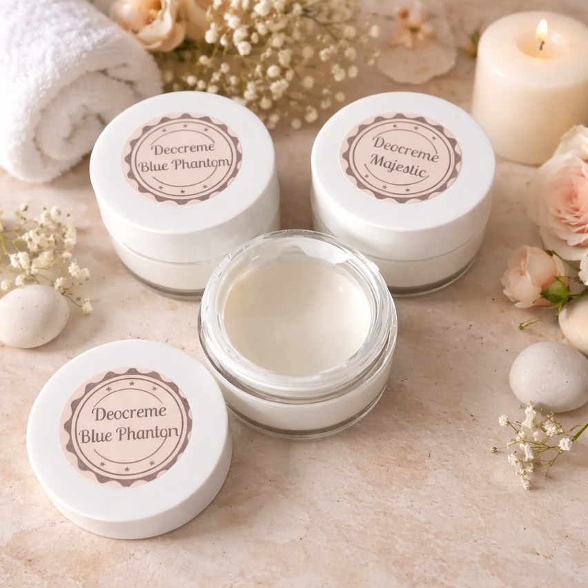 Three jars of cream labeled 'Decreeme Blue Phantom' and 'Decreeme Majestic' are on a marble table with a candle, flowers, and a towel.