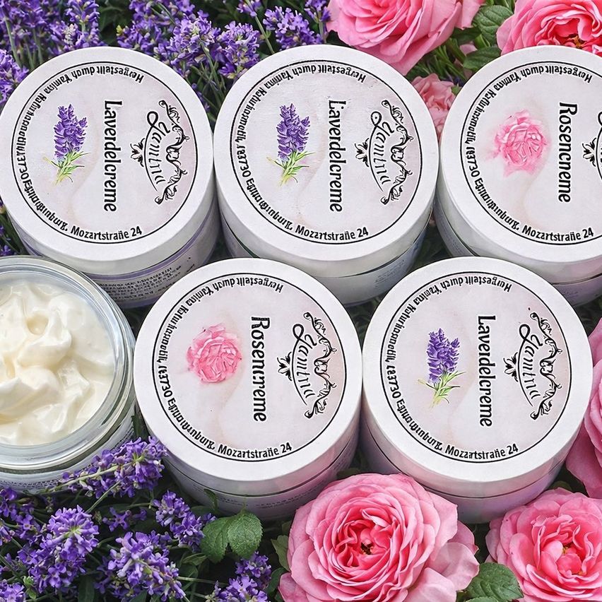 Eine Sammlung von Lavendel- und Rosencremetöpfen, die auf einem Bett aus Lavendelblüten und rosa Rosen ausgestellt sind. Jeder Topf hat ein Blumendesign und Etikett mit Marken- und Produktinformationen.