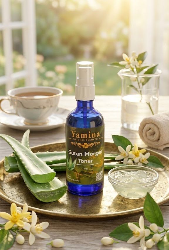 Eine Flasche Yamina Naturkosmetik-Toner steht auf einem Holztisch mit einer Tasse Tee, einer Untertasse, einem Glas Wasser und einem gerollten Handtuch. Die Tonerflasche ist blau mit einem weißen Verschluss und ist von Aloe Vera Blättern und Blumen umgeben.