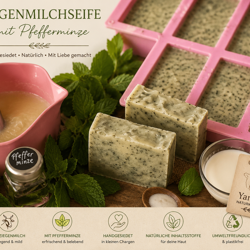 Natürliche Ziegenmilchseife mit Pfefferminze in einer rosa Form. Zutaten sind Ziegenmilch, Pfefferminze und natürliche Inhaltsstoffe. Handgefertigt in kleinen Chargen.
