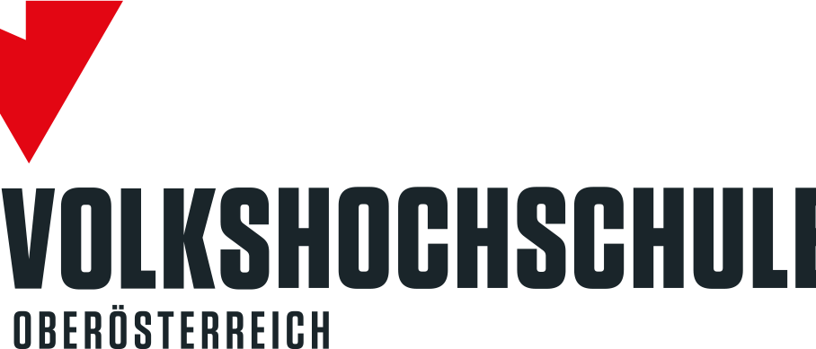 Ein schwarzer Hintergrund mit weißem Text, der 'VOLKSHOCHSCHU BEÖSTERREICH' in fetter Schrift liest, mit einem roten Dreieck auf der linken Seite.