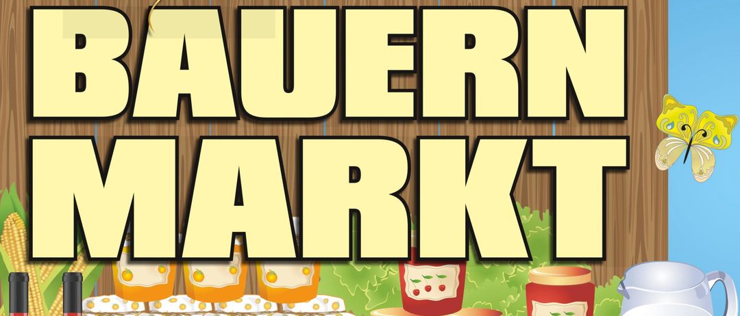 Plakat für den Neufelder Bauernmarkt mit einem Holzschild, verschiedenen Lebensmitteln und einem Preis von 15. Musik von AMV Neufeld. Beginn um 12 Uhr.