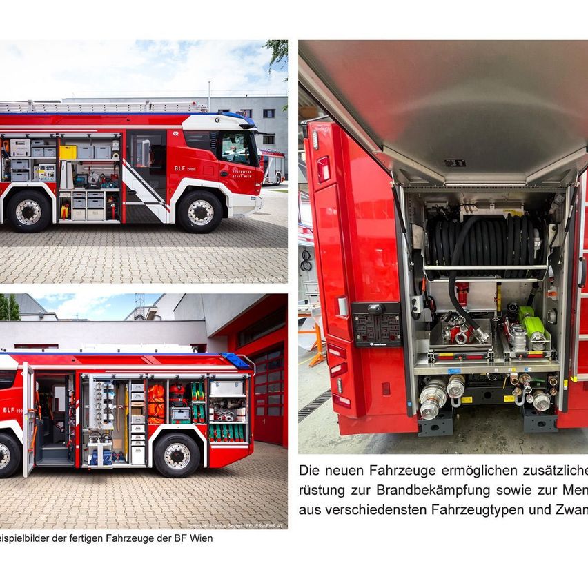 Drei Bilder eines roten Feuerwehrfahrzeugs, verschiedene Ansichten und Innenausstattung zeigend, mit einer Bildunterschrift, die darauf hinweist, dass es von der BF Wien stammt.