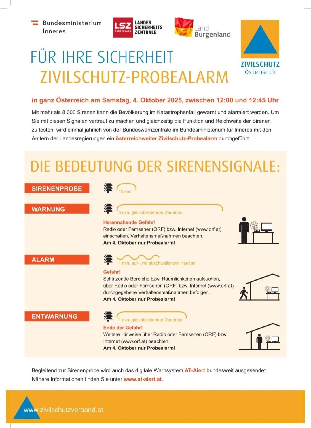 Das Bild ist eine Ankündigung für einen Zivilschutz-Probealarm in Österreich am 4. Oktober 2025 zwischen 12:00 und 12:45 Uhr. Es erklärt die Bedeutung der Sirenensignale und rät der Bevölkerung, diesen Signalen zu vertrauen und gleichzeitig die Funktion und Reichweite der Sirenen zu überprüfen.