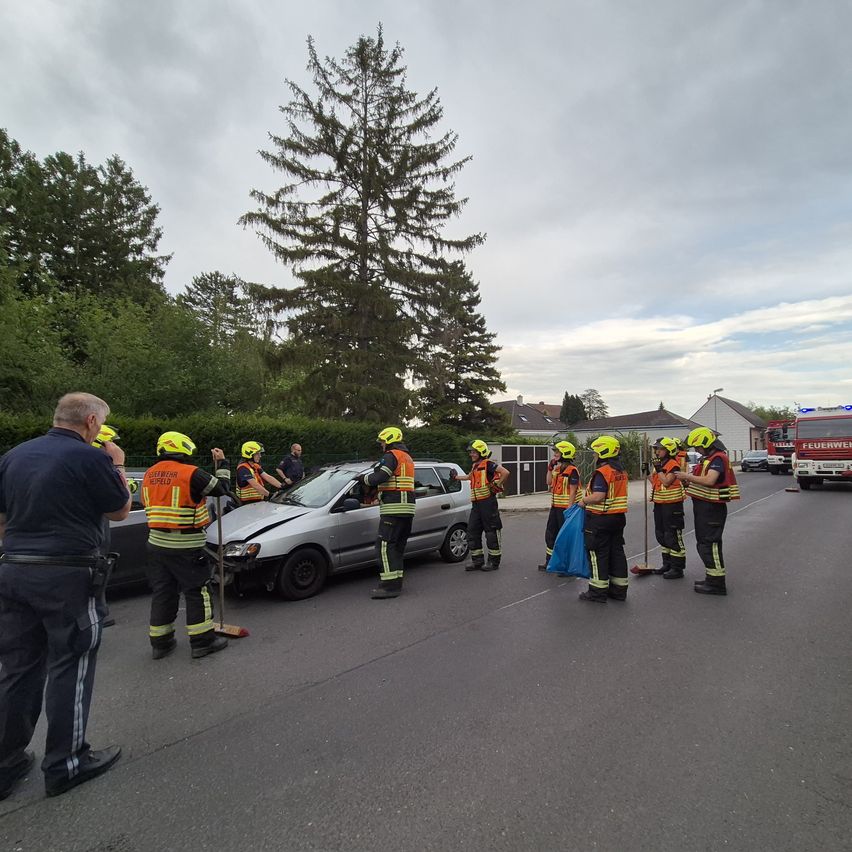 Rettungskräfte stehen neben einem beschädigten Auto auf der Straße. Ein Feuerwehrauto ist rechts geparkt, und ein Baum und Häuser sind im Hintergrund.