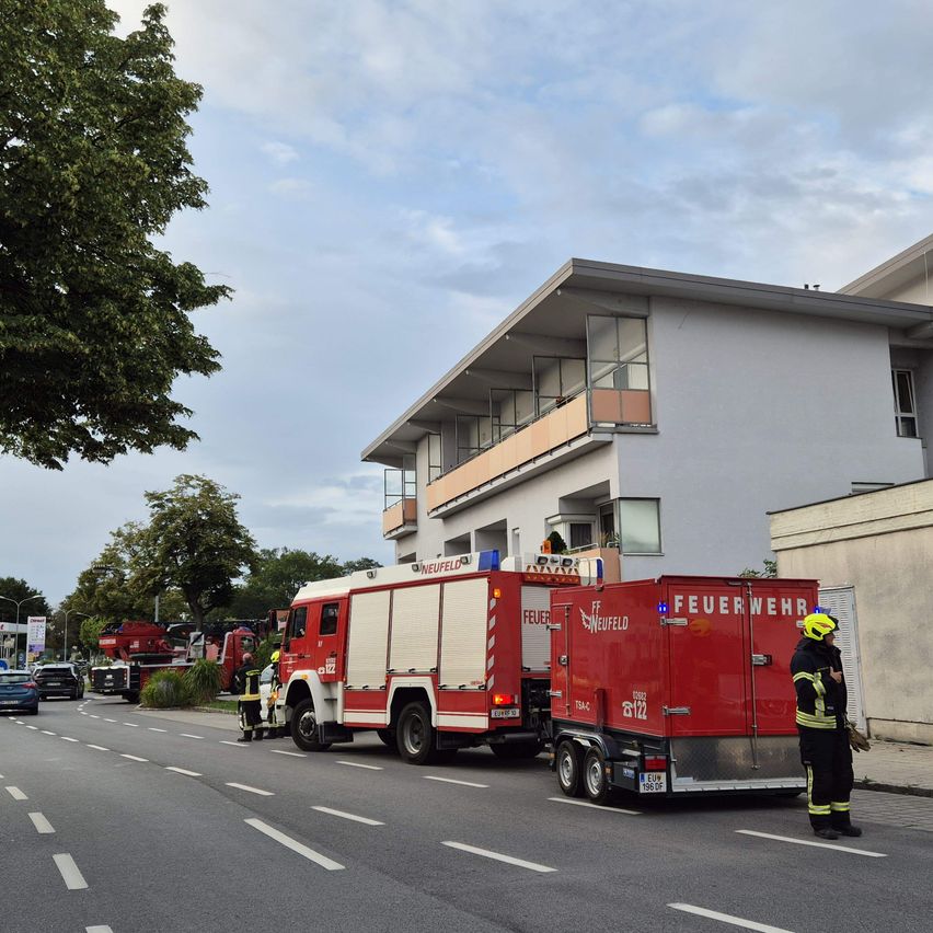 Ein Feuerwehrauto ist auf der Straße geparkt. Ein Feuerwehrmann steht neben dem Auto. Eine Person steht neben dem Feuerwehrauto, und eine andere Person steht neben dem Gebäude. Einige Autos sind am Straßenrand geparkt. Bäume stehen auf der linken Straßenseite.