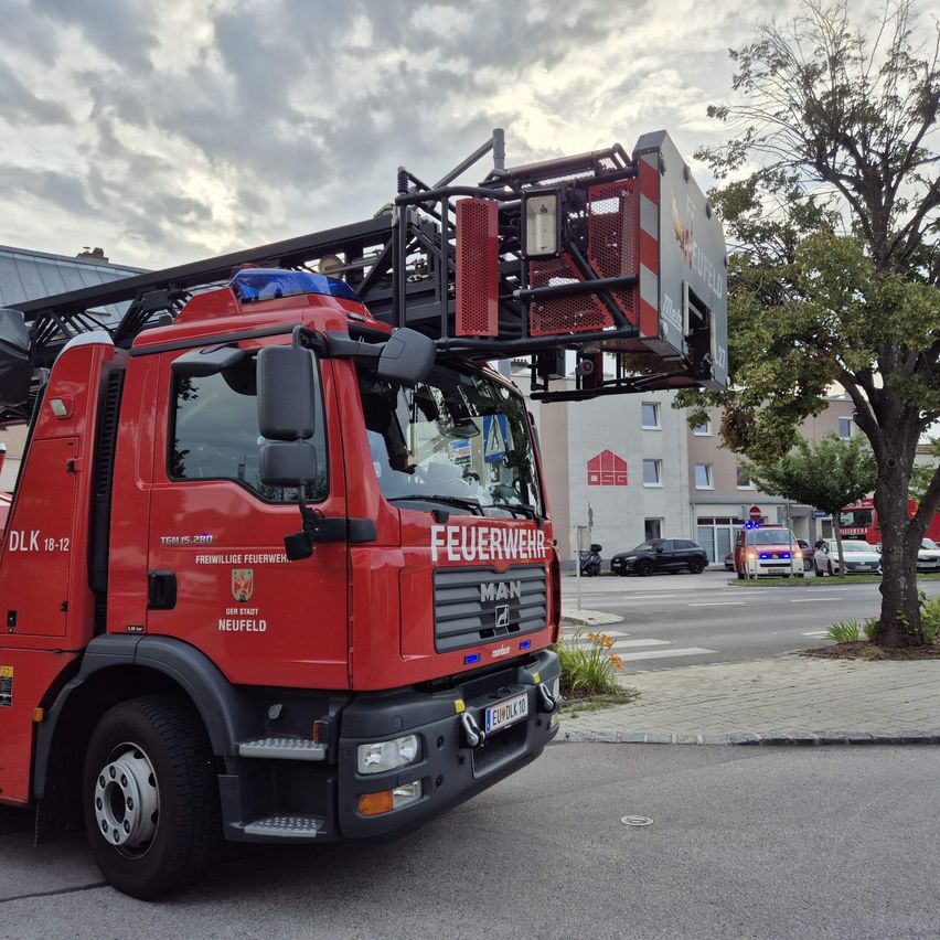 Ein roter Feuerwehrwagen ist auf der Straße geparkt, mit einer großen Leiter obenauf. Der Wagen ist mit 'Feuerwehr' und Neufeld gekennzeichnet.