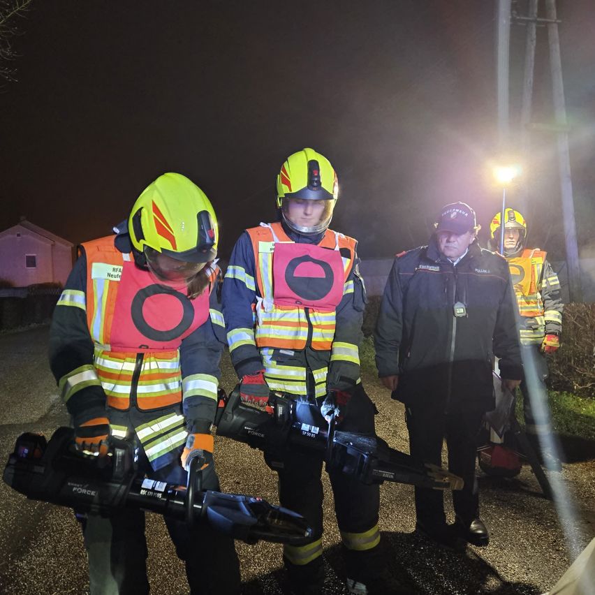 Vier Personen in Warnwesten und Helmen stehen nachts auf einer Straße und halten Kettensägen. Ein Mann in einer Jacke und Mütze steht hinter ihnen, und ein helles Licht beleuchtet die Szene.