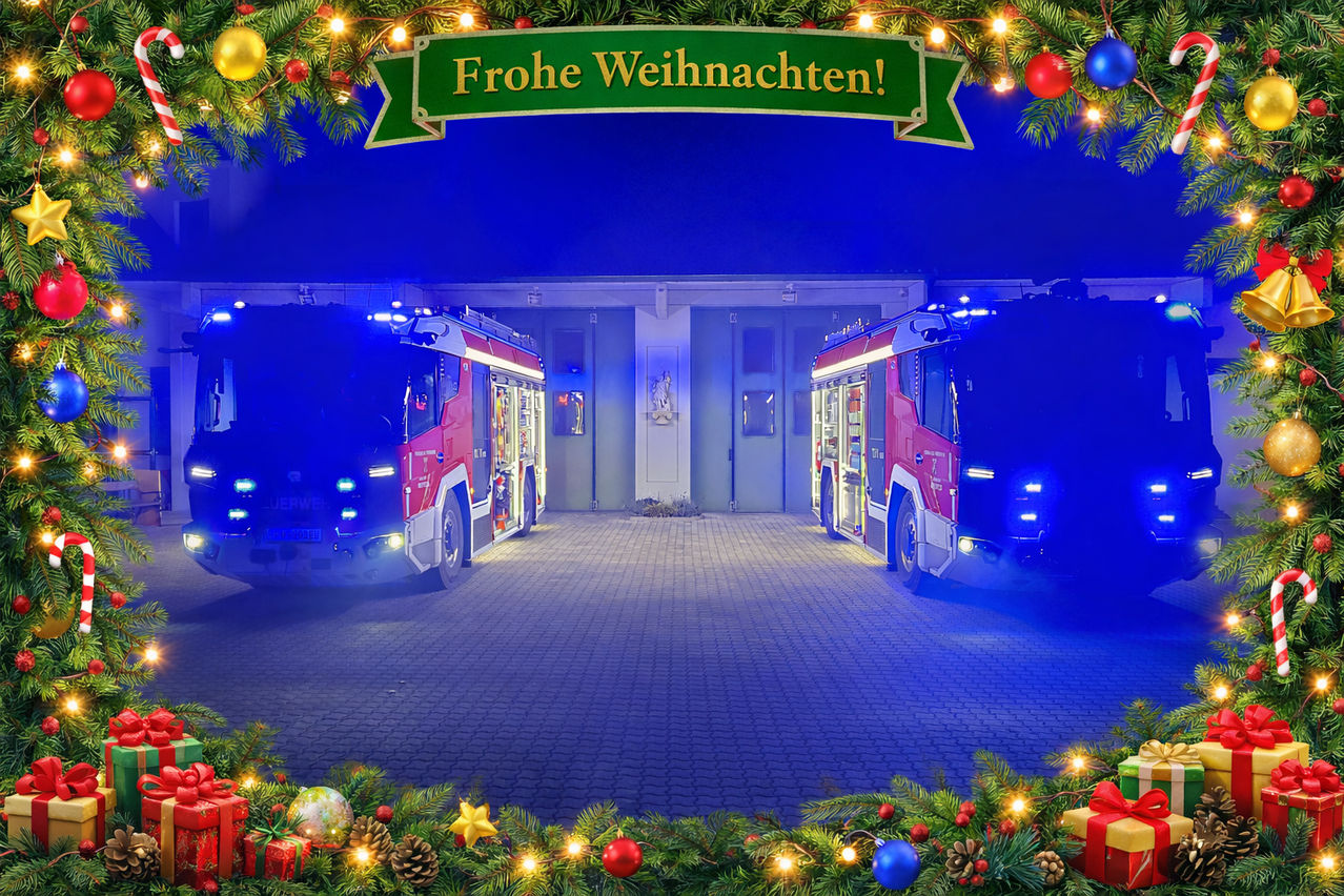 Zwei Feuerwehrfahrzeuge sind in einer Garage mit Weihnachtsdekoration geparkt. Die Fahrzeuge sind von blauen Lichtern beleuchtet. Über den Fahrzeugen befindet sich ein Banner mit dem Text 'Frohe Weihnachten!' auf Deutsch. Die Garage hat eine weiße Tür und Fenster.