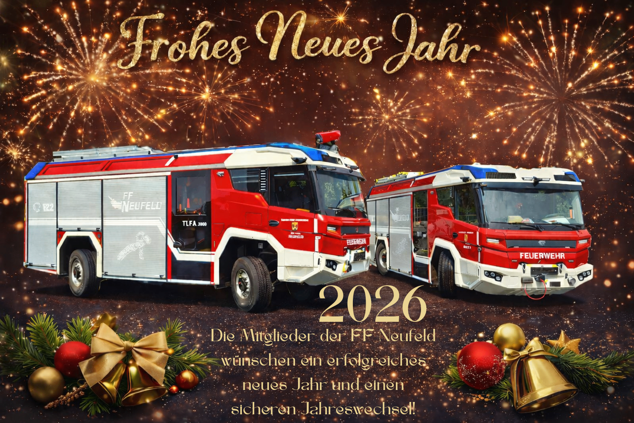 Ein Neujahrsgruß-Karte zeigt zwei Feuerwehrfahrzeuge mit Feuerwerk im Hintergrund. Die Botschaft der FF Neufeld-Mitglieder lautet: 'Frohes Neues Jahr 2026. Wir wünschen Ihnen ein erfolgreiches neues Jahr und einen sicheren Jahreswechsel!'