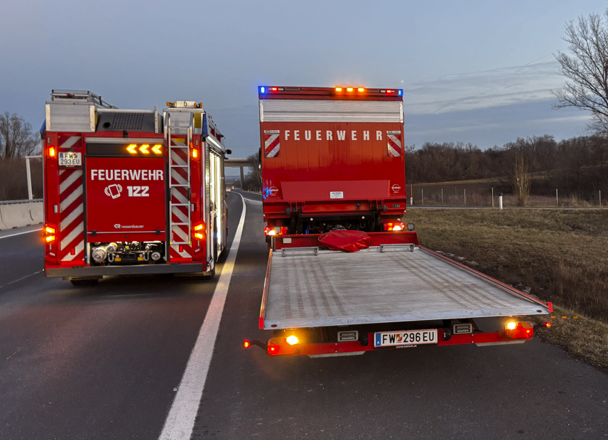 Zwei rote Feuerwehrfahrzeuge mit eingeschaltetem Blaulicht stehen am Straßenrand. Das Fahrzeug auf der linken Seite hat eine Leiter an der Seite und die Nummer 122 auf dem Rücken. Das Fahrzeug auf der rechten Seite hat die Aufschrift 'FEUERWEHR' auf dem Rücken.