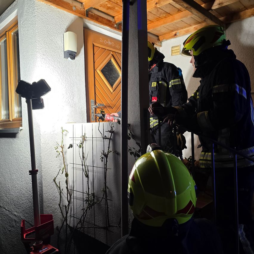 Drei Feuerwehrleute stehen vor einem Haus, einer benutzt ein Werkzeug in der Nähe der Tür. Eine Lampe ist an der Wand montiert, und eine Pflanze wächst auf einem Rankgitter.
