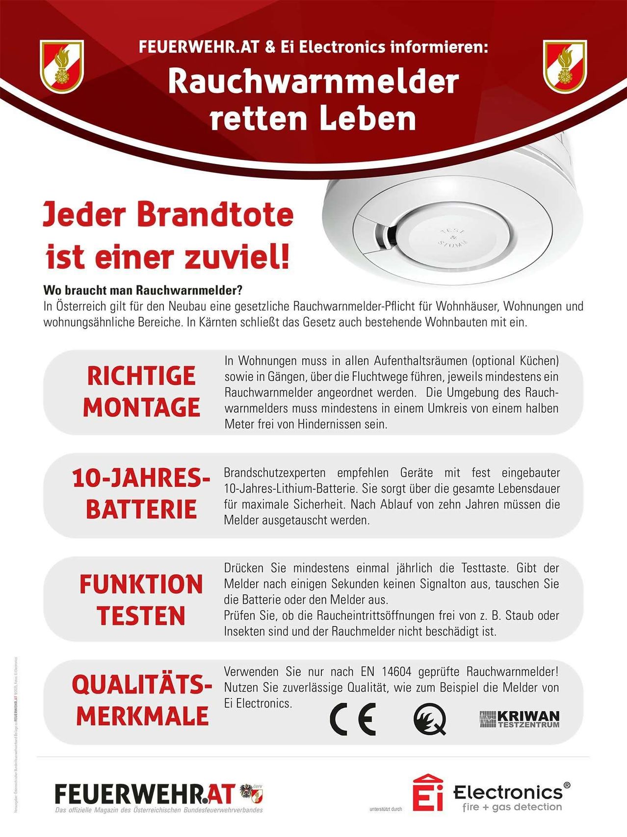 Plakat über Rauchwarnmelder. Es erwähnt die obligatorische Installation von Rauchwarnmeldern in Österreich. Es rät auch, die Batterie nach 10 Jahren zu ersetzen. Die Melder sollten regelmäßig getestet werden.