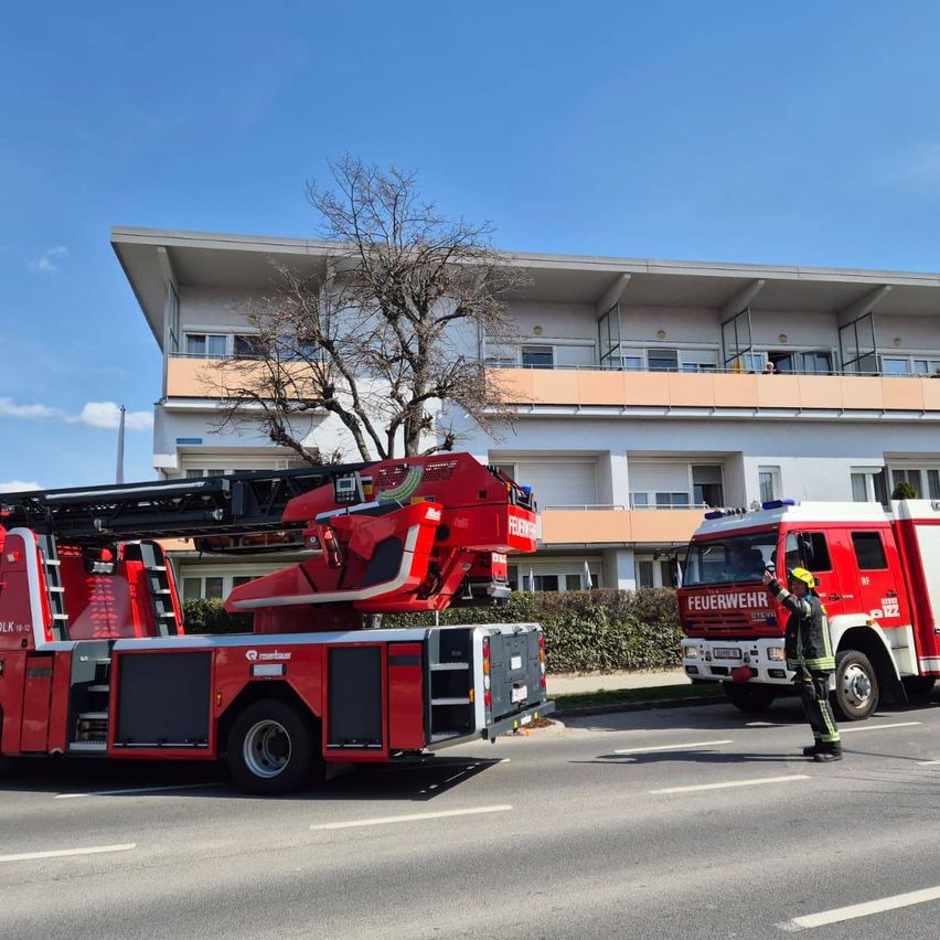 Zwei rote Feuerwehrfahrzeuge sind auf einer Straße vor einem Gebäude mit Balkonen geparkt. Ein Feuerwehrmann steht neben dem rechten Fahrzeug.