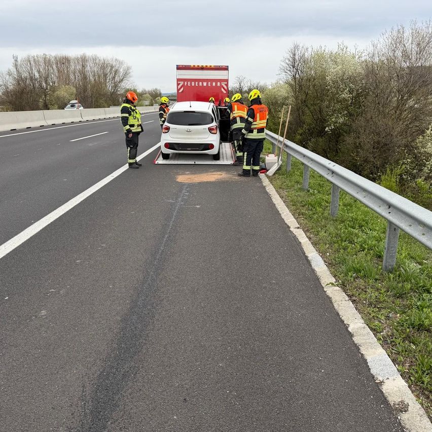 Feuerwehrleute helfen einem weißen Auto am Straßenrand, ein roter Feuerwehrwagen steht in der Nähe.
