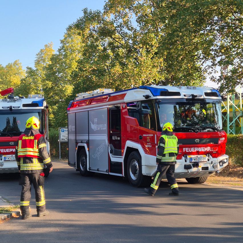 Zwei Feuerwehrleute stehen neben einem roten Feuerwehrauto mit dem Wort 'Feuerwehr' darauf, das am Straßenrand geparkt ist. Ein weiteres Feuerwehrauto ist dahinter geparkt. Bäume und ein Metallzaun sind im Hintergrund.