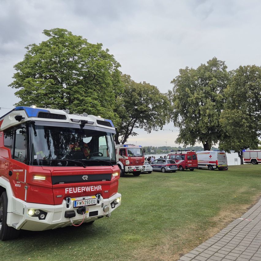 Ein roter Feuerwehrwagen steht auf einem Rasenfeld neben anderen Rettungsfahrzeugen, einschließlich Krankenwagen, unter einem bewölkten Himmel. Bäume und ein Gewässer sind im Hintergrund zu sehen.