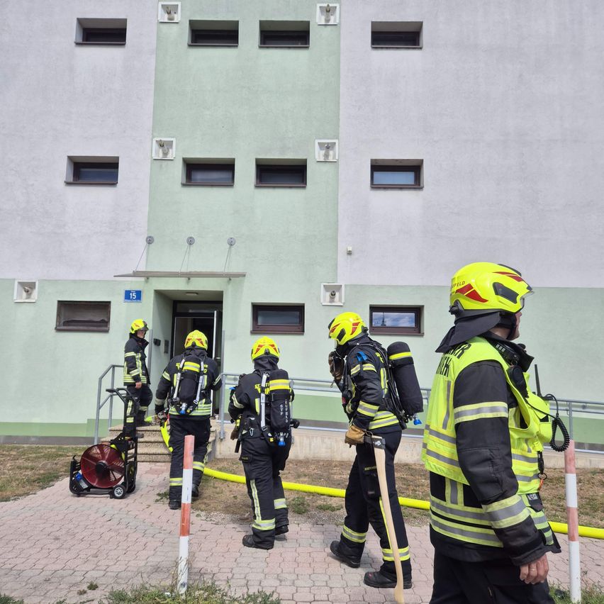 Eine Gruppe Feuerwehrleute in voller Ausrüstung steht vor einem Gebäude mit einer gelben Schlauchleitung auf dem Boden.
