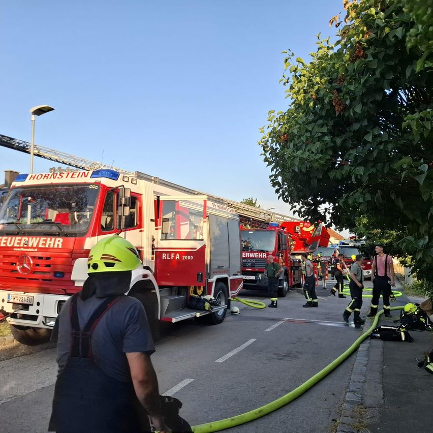 Firefighters are working on the side of the road, with fire trucks and hoses nearby. A person wearing a green helmet is standing in front of one of the fire trucks.