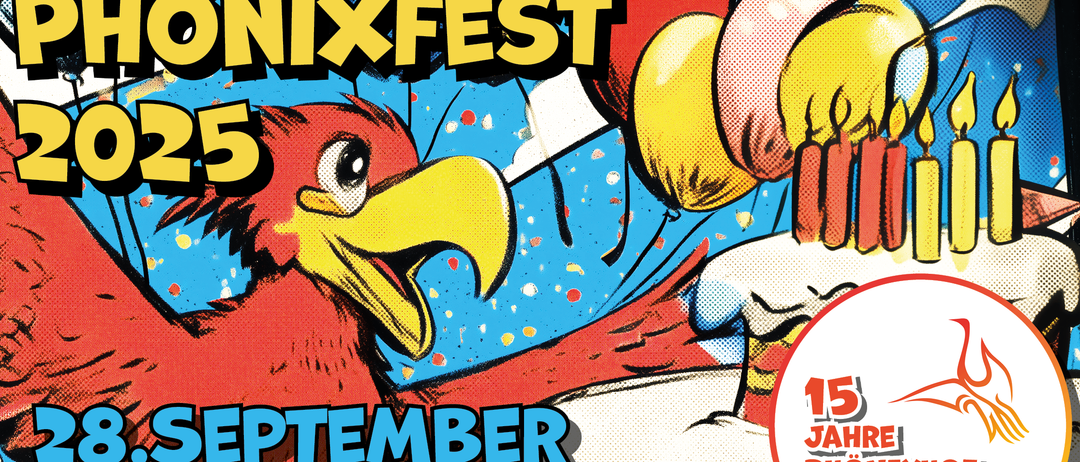 Karikaturbild mit einem roten Vogel, Luftballons und den Worten 'Nixfest' und 'September' im Comic-Stil.
