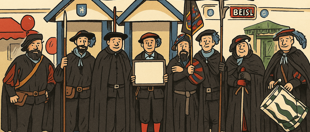 Illustration zeigt eine Gruppe von Männern in historischer Kleidung, die vor einem Gebäude mit einem Schild stehen, das 'Kathreinkirtag' besagt. Sie halten ein leeres Schild und Fahnen.