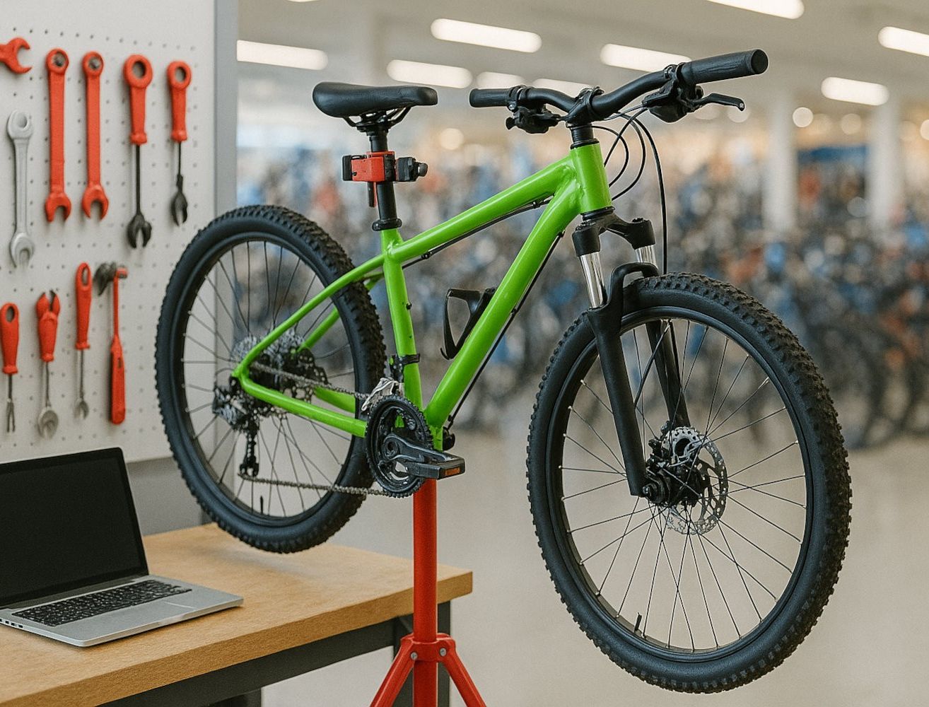 Ein grünes Fahrrad wird auf einem roten Ständer in einem Geschäft ausgestellt. Ein Laptop steht auf einem nahen Schreibtisch. Werkzeuge hängen an der Wand dahinter.