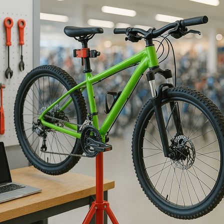 Ein grünes Fahrrad wird auf einem roten Ständer in einem Geschäft ausgestellt. Ein Laptop steht auf einem nahen Schreibtisch. Werkzeuge hängen an der Wand dahinter.