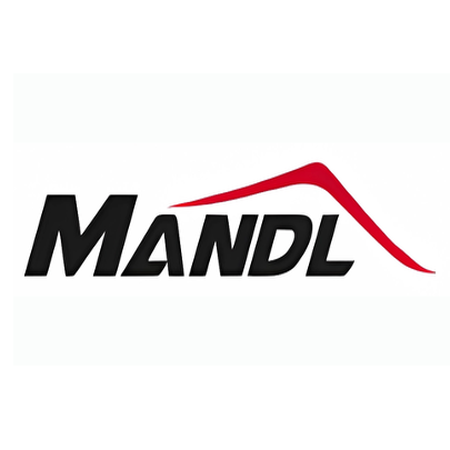 Das MANDL-Logo zeigt eine rote wellenförmige Form auf der rechten Seite, wobei der Wort MANDL in fetten schwarzen Buchstaben geschrieben ist.