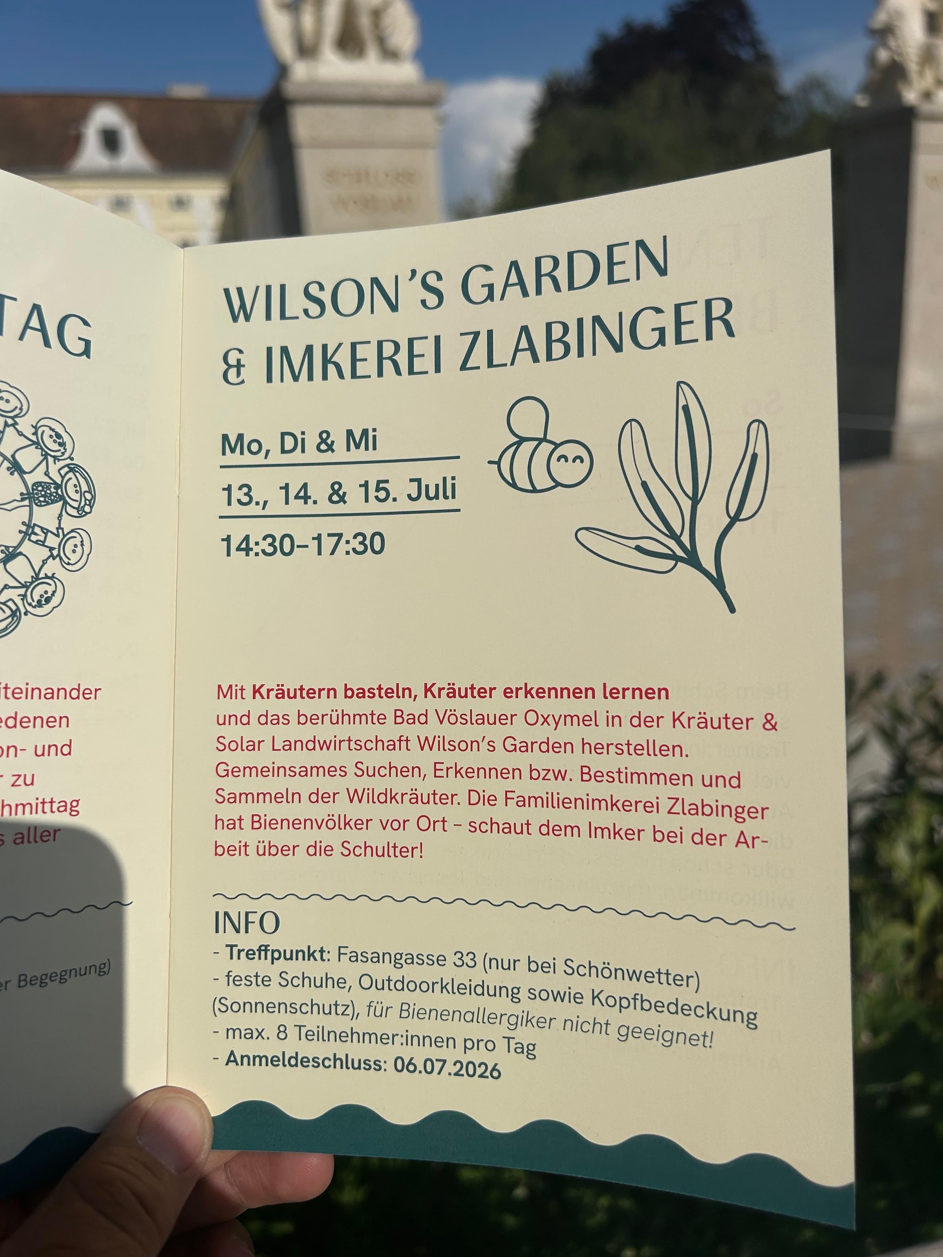 Eine offene Seite einer Broschüre für die Wilson's Garden & Imkerei Zlabinger Veranstaltung. Datum: 13., 14. & 15. Juli, 14:30-17:30. Aktivitäten: Kräutergarten und Bienenhaltung. Treffpunkt: Fasangasse 33. Anmeldeschluss: 06.07.2026.
