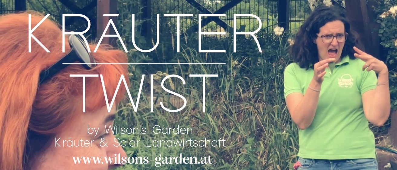 Ein Plakat für 'Auter Twist' von Wilson's Garten und Solar Landwirtschaft, mit einer rothaarigen Person in einem grünen Shirt vor einem Gartenhintergrund.